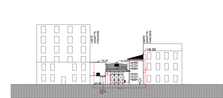 Coupe architecturale et urbaine entre deux bâtiments