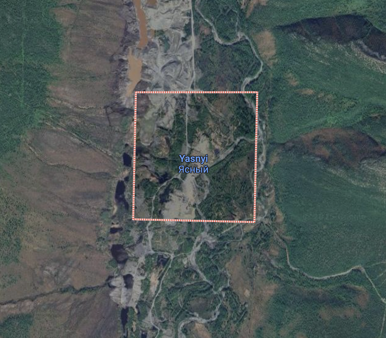 Vue satellite de Yasny avec un périmètre sélectionné