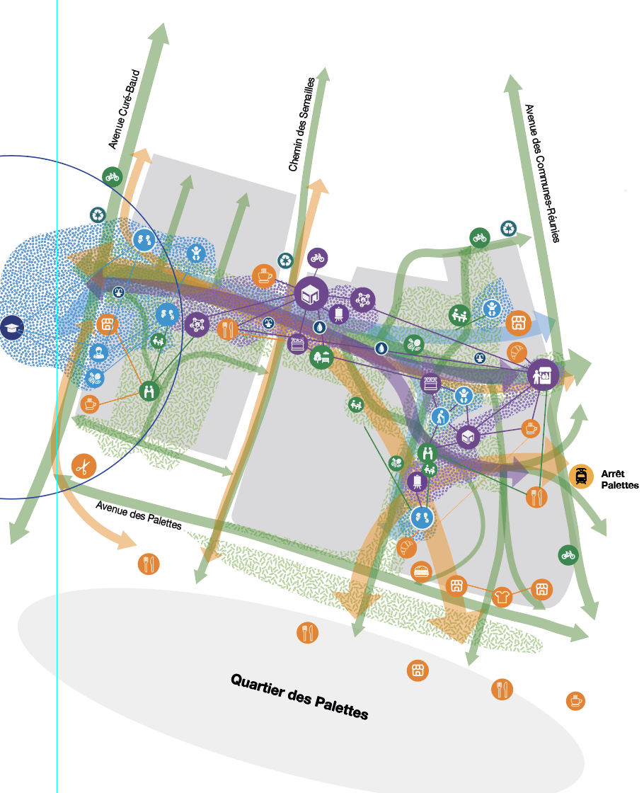 Axonométrie programmatique du quartier des Semailles à Lancy
