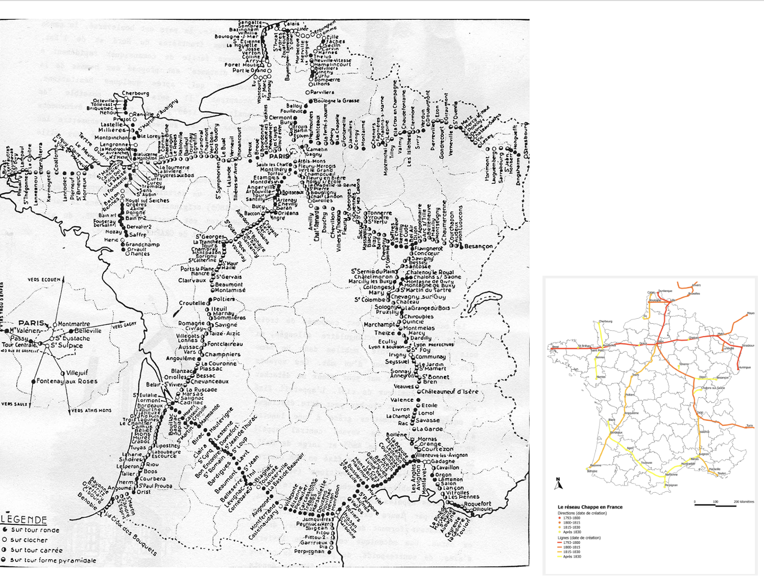 Carte du réseau du télégraphe Chappe en France